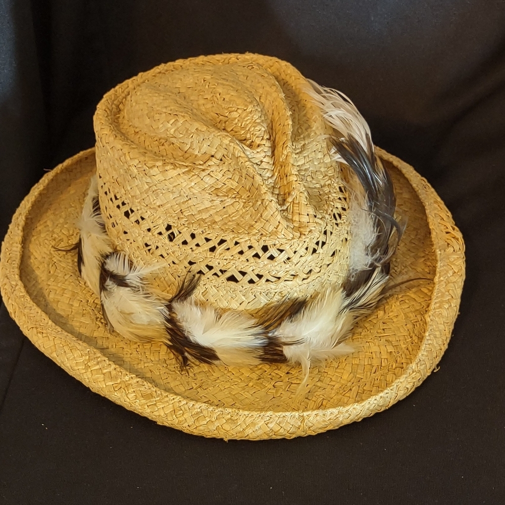 Vintage Shady Brady Straw Hat with Removable Feather Band
